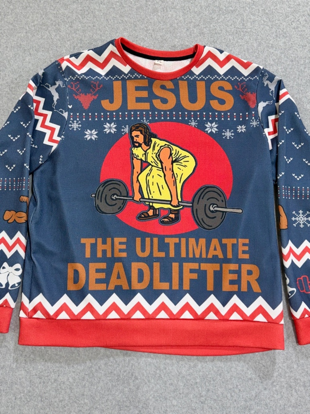 Mens XL Ugly Christmas Sweater Jesus Ultimate Deadlifter Funny Blue Red Holiday